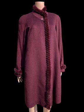 Balmain Paris Purple Warm Winter Faux Fur Trim Wool Button-Up Coat Size 9AR M L